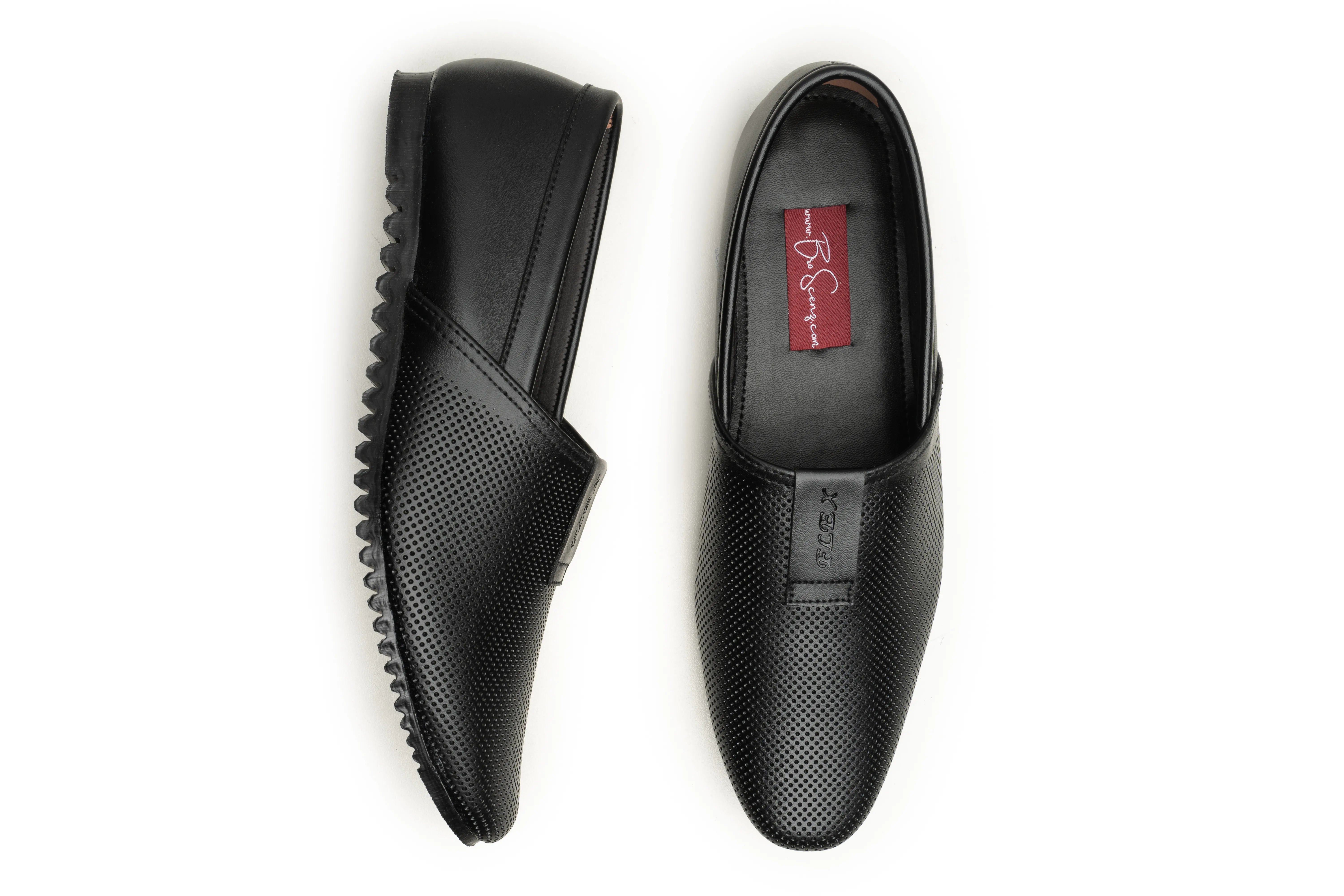 A pair of black leather slip-on loafers with perforated detailing, shown from both side and top-down angles on a white background. The brand name 'FSC' is visible on the red insole and embossed on the side strap.