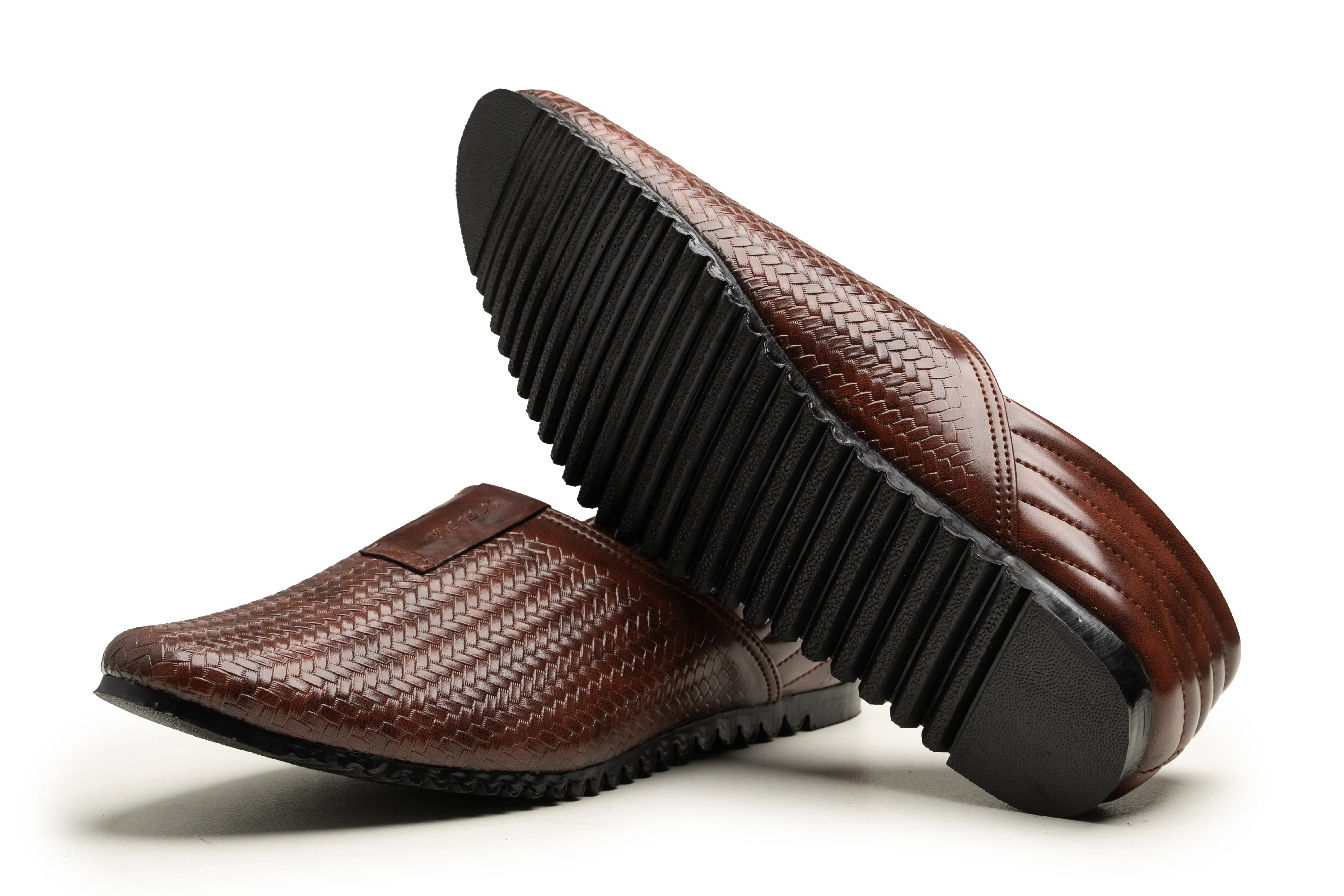 A pair of men's brown slip-on loafers with a textured woven upper and a black ribbed sole, shown on a clean white background.