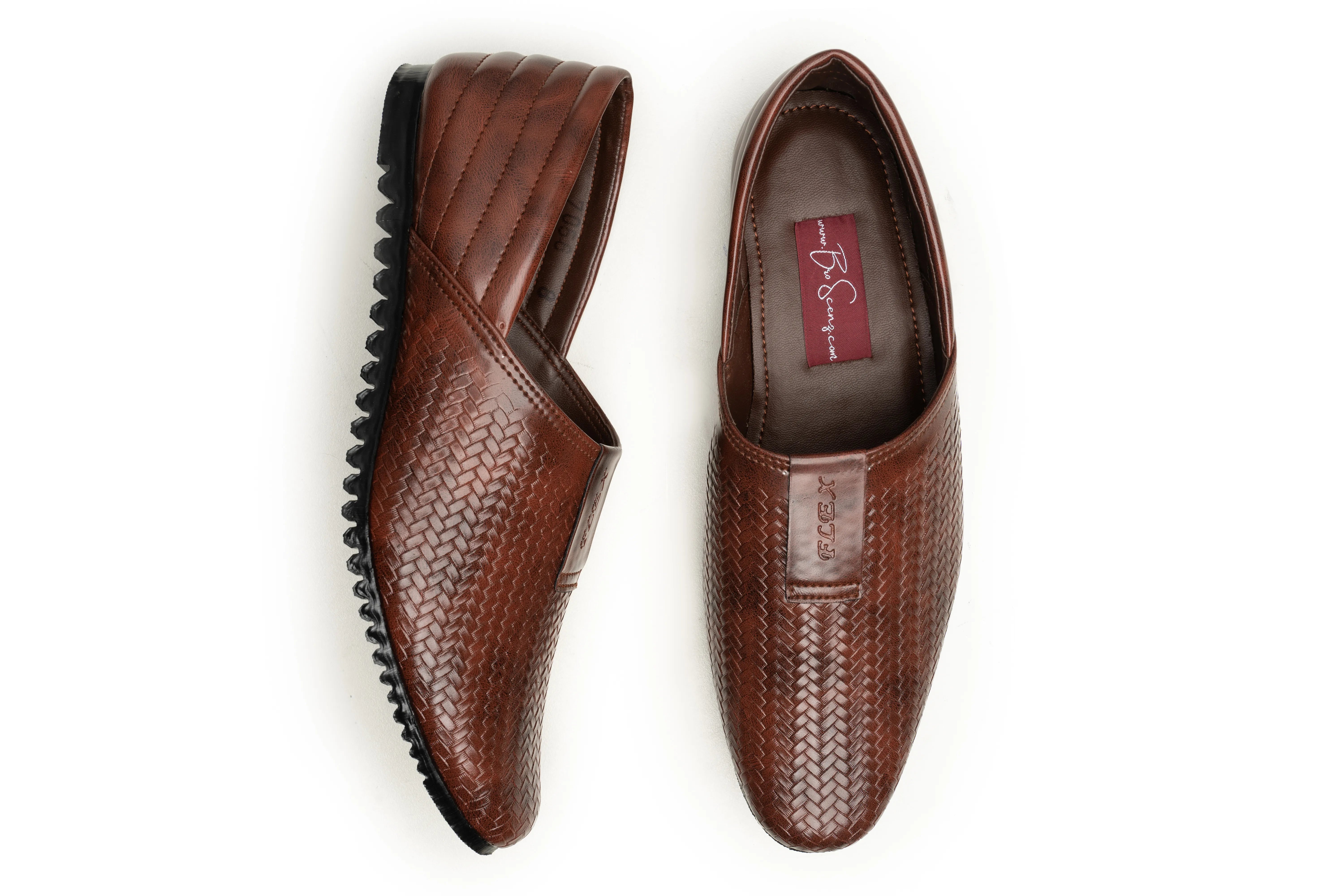 A pair of men's brown leather slip-on shoes with a textured woven pattern, shown from top and side angles on a white background.