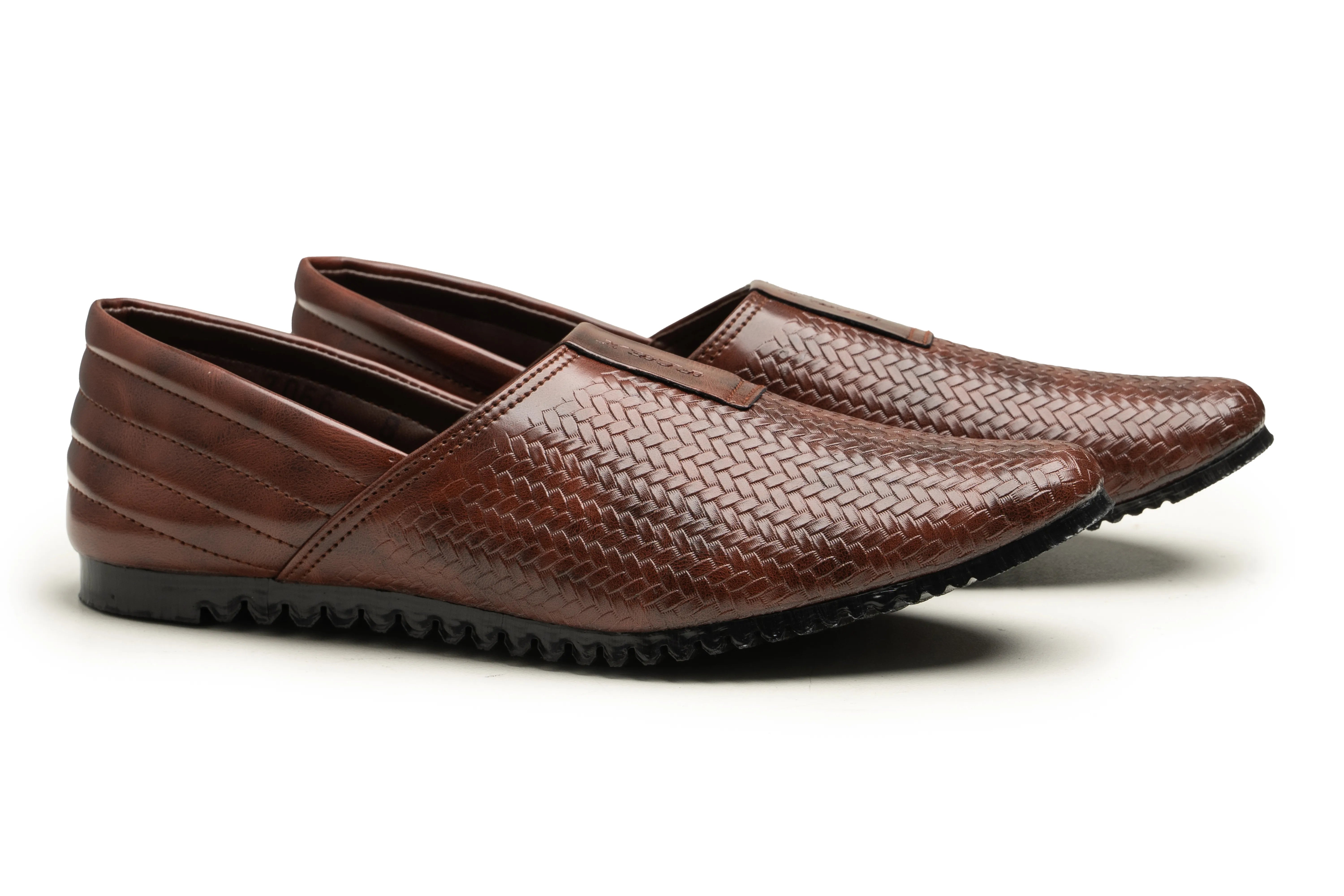 A pair of men's brown leather slip-on loafers with a textured woven pattern on the upper and a black sole, shown against a plain white background.