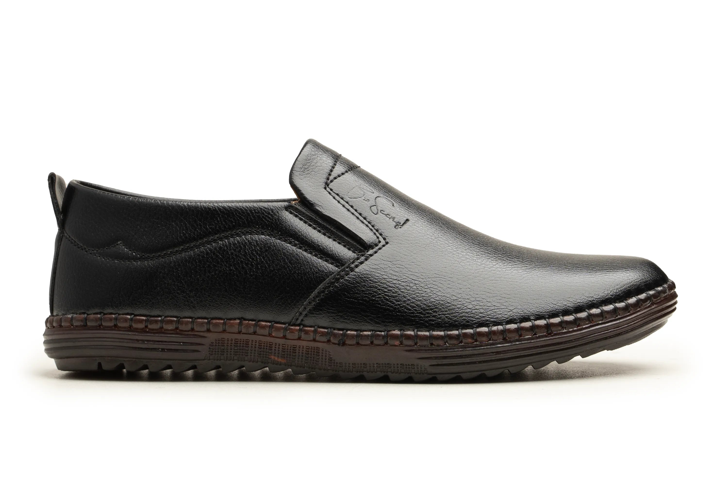 A single black slip-on leather shoe shown in profile against a plain white background.