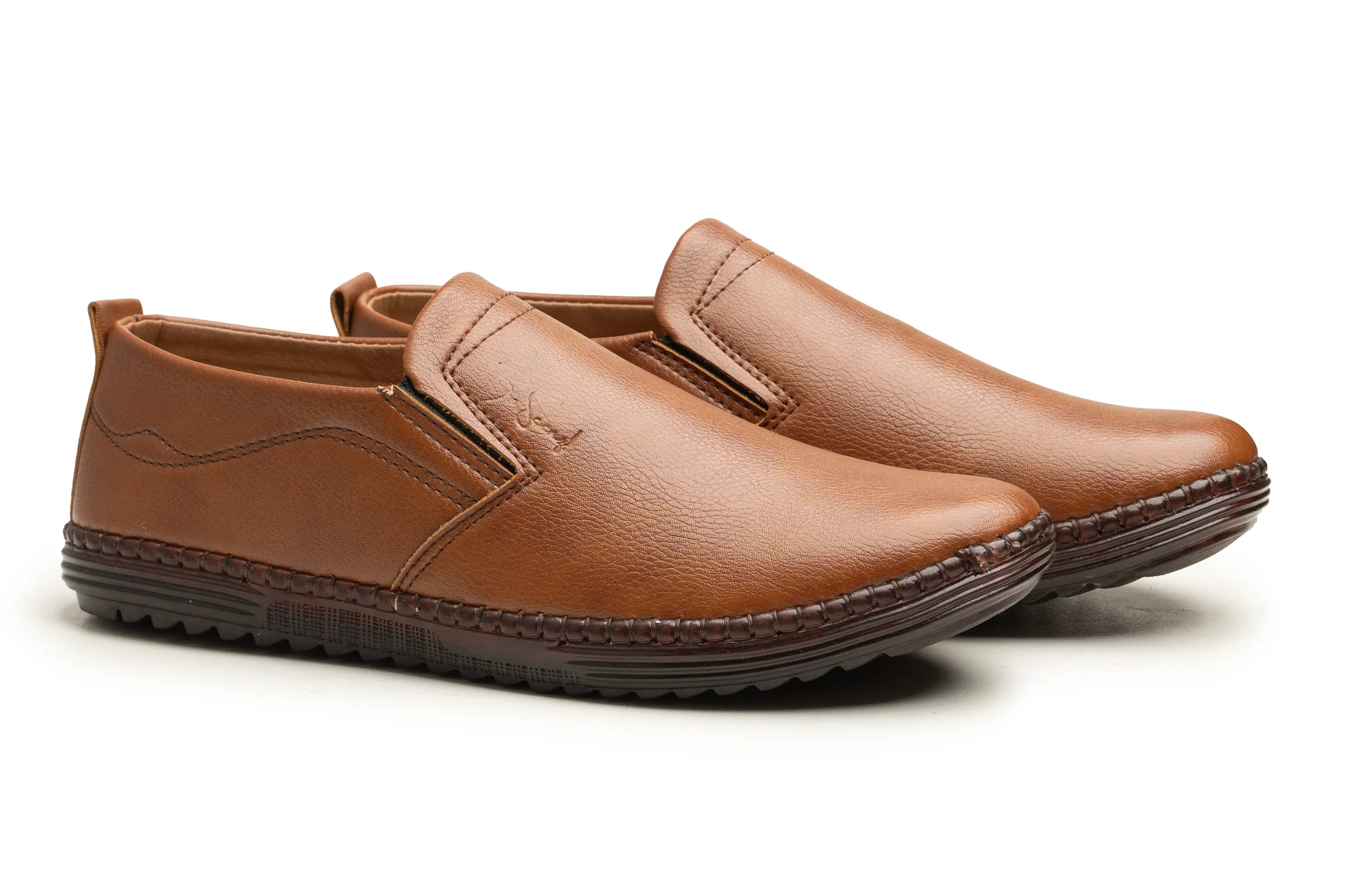 A pair of men's brown slip-on loafers with a textured leather upper and a dark brown sole, shown on a plain white background.
